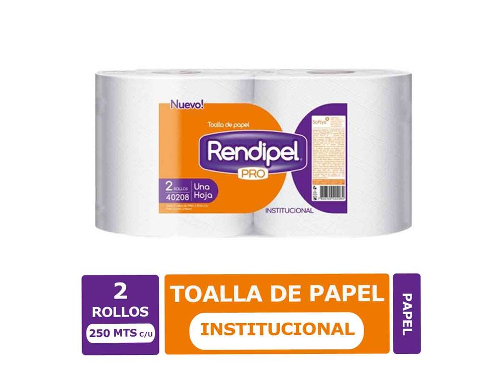 Toalla de Papel Rendipel una hoja 2 rollos de 250 mt c/u